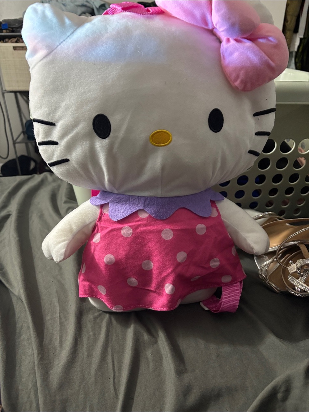 Hello Kitty Pink White Polka Dot Plush Backpack with Purple Collar
